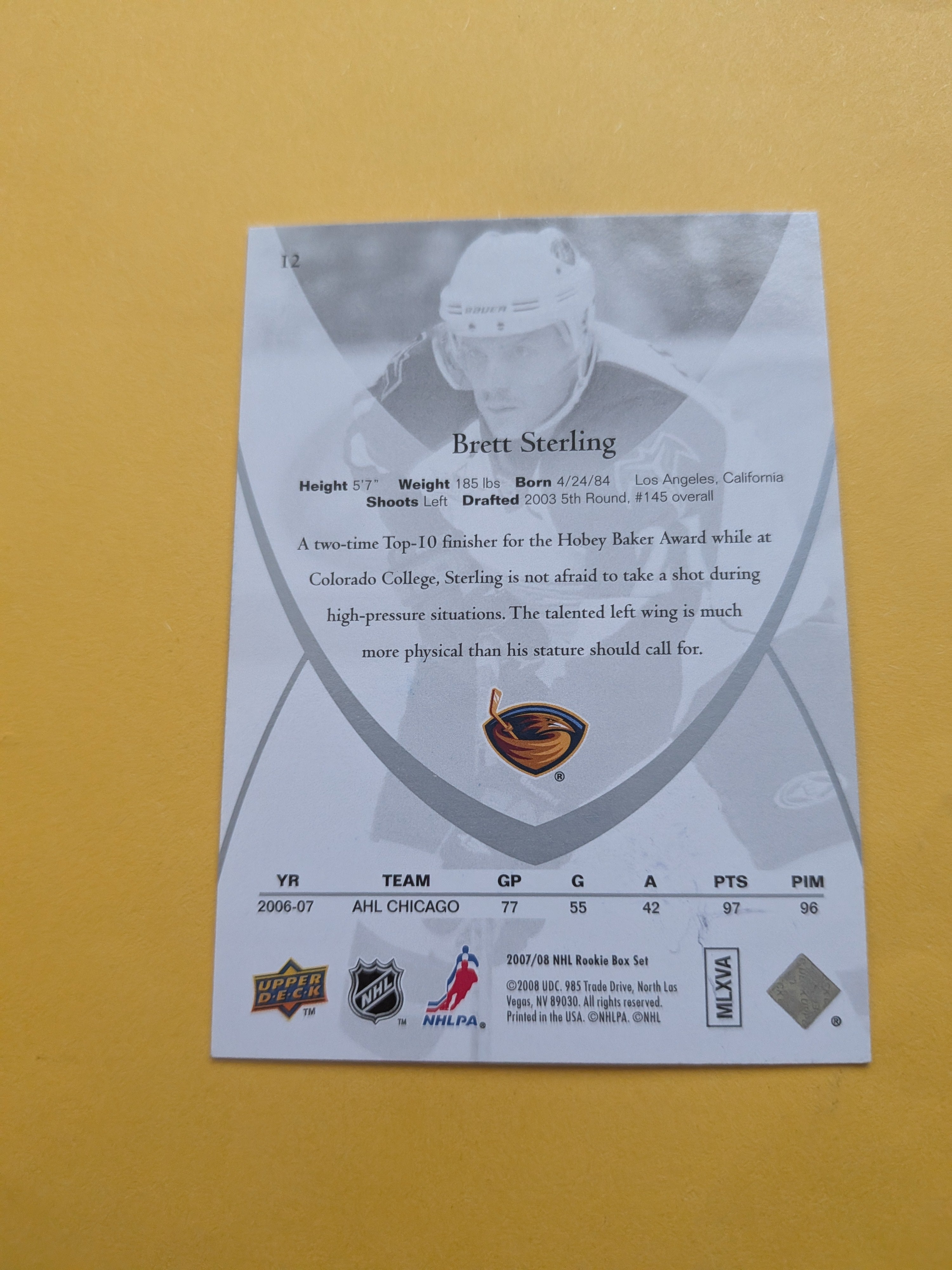 Brett Sterling Signed Atlanta Thrashers Rookie Card D
