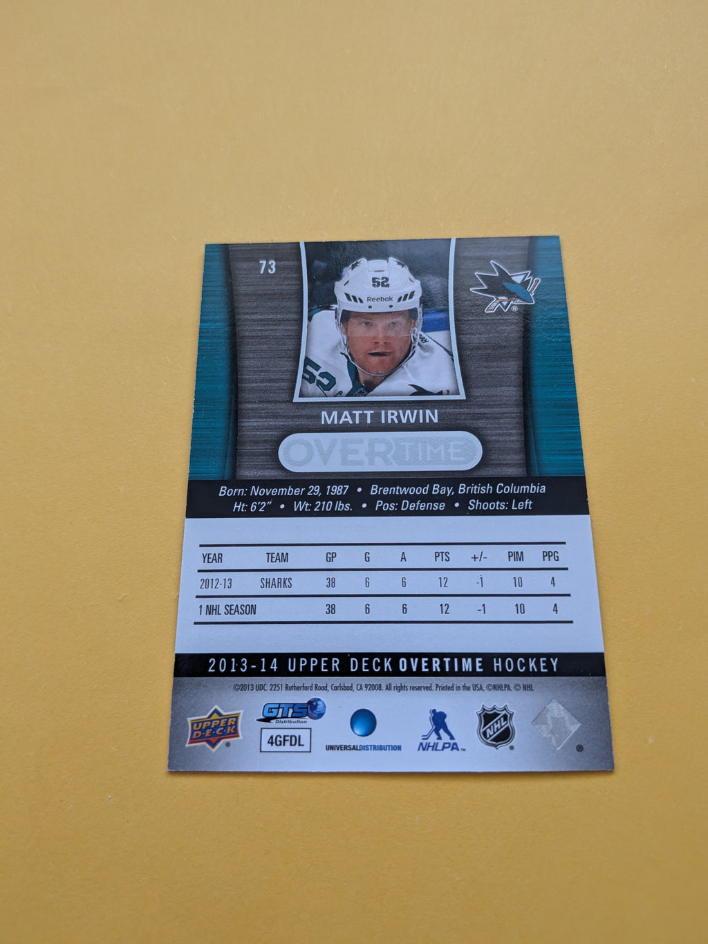 Matt Irwin Signed San Jose Sharks Card A