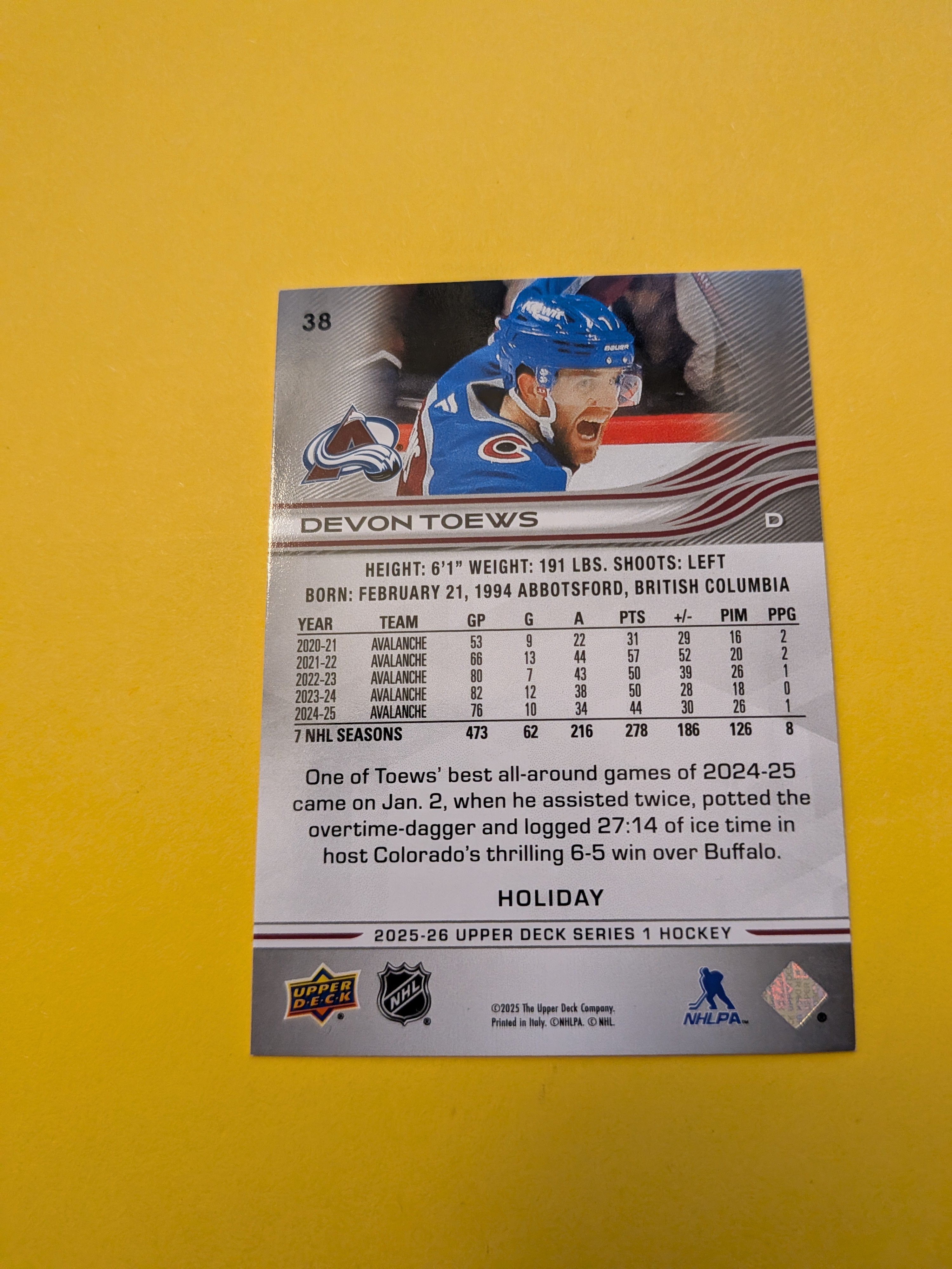 Devon Toews 25-26 Upper Deck Green Holiday Card