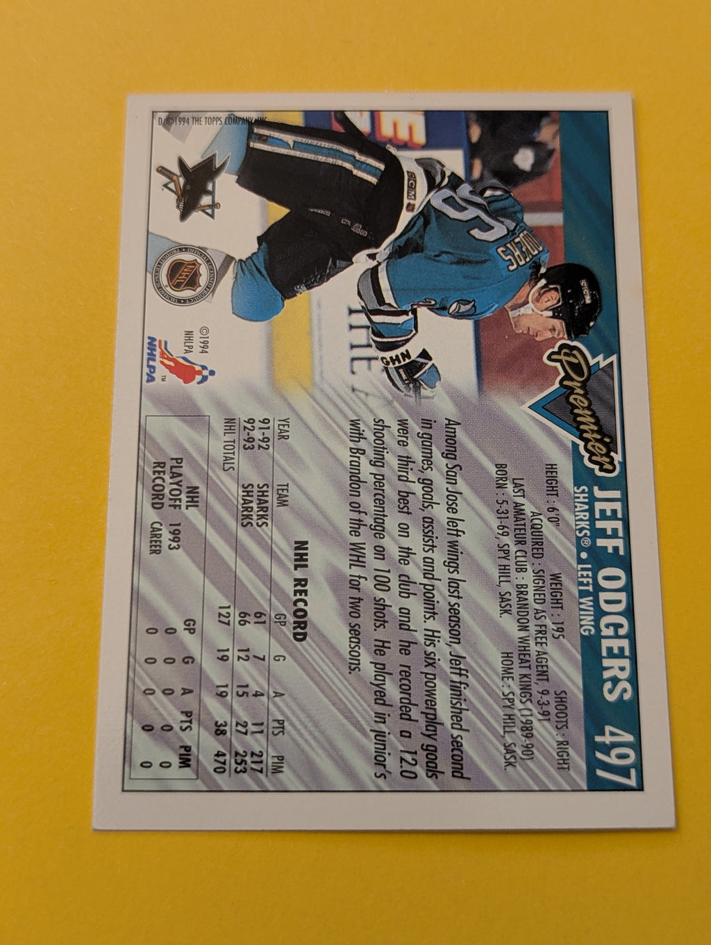 Jeff Odgers Signed San Jose Sharks Card