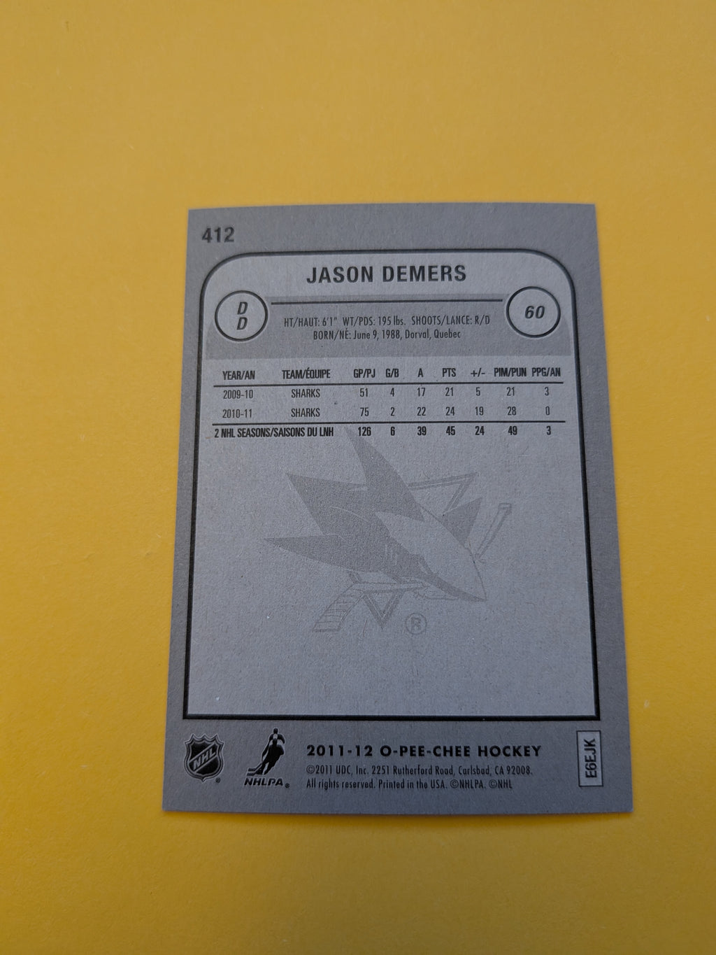 Jason Demers Signed San Jose Sharks Card B