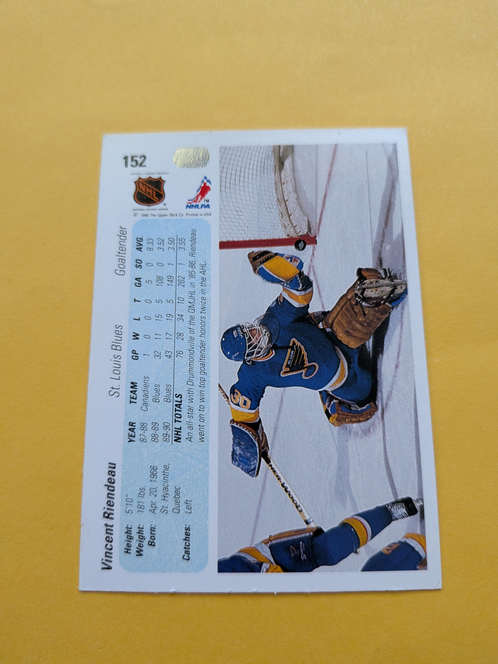 Vincent Riendeau Signed St. Louis Blues Card C