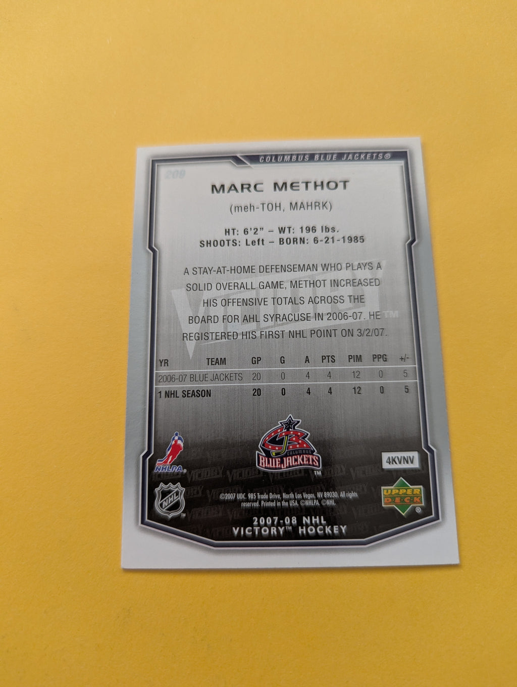 Marc Methot Signed Columbus Blue Jackets Rookie Card