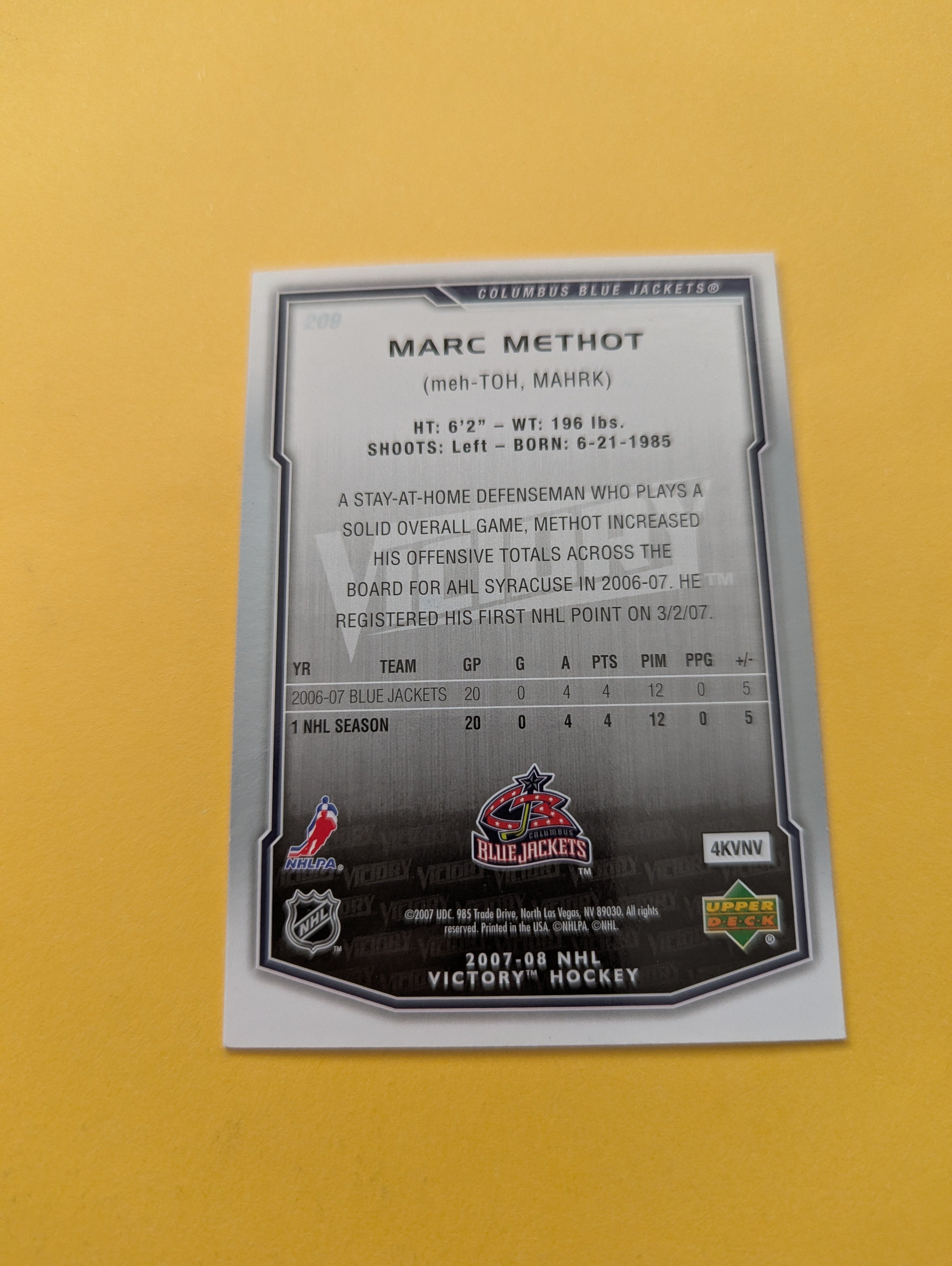 Marc Methot Signed Columbus Blue Jackets Rookie Card