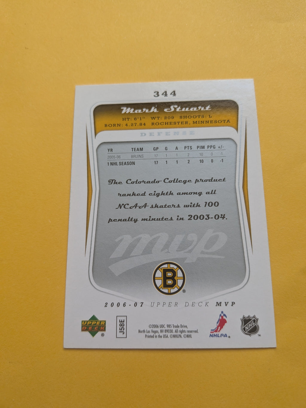 Mark Stuart Signed Boston Bruins Rookie Card D