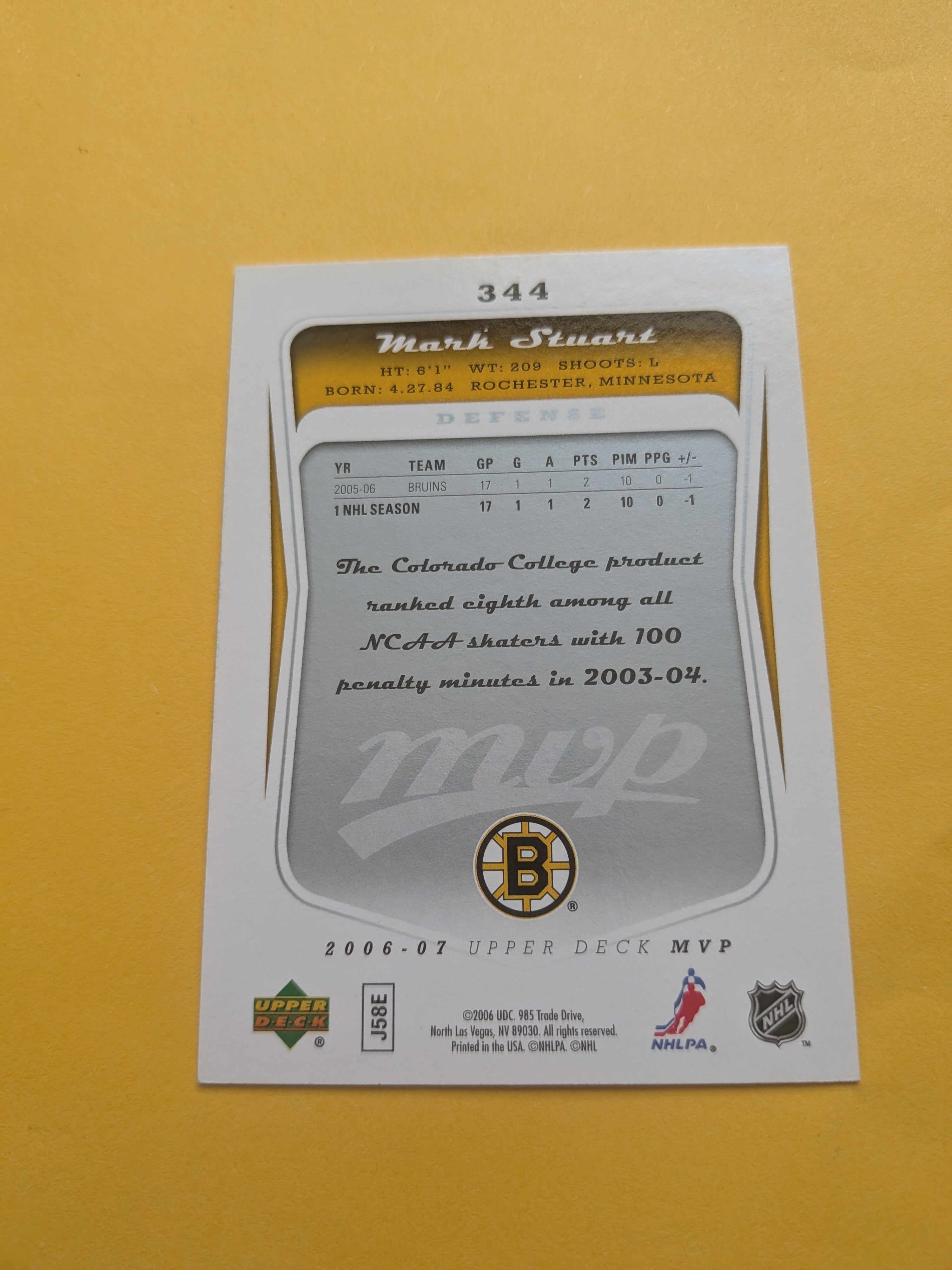 Mark Stuart Signed Boston Bruins Rookie Card D