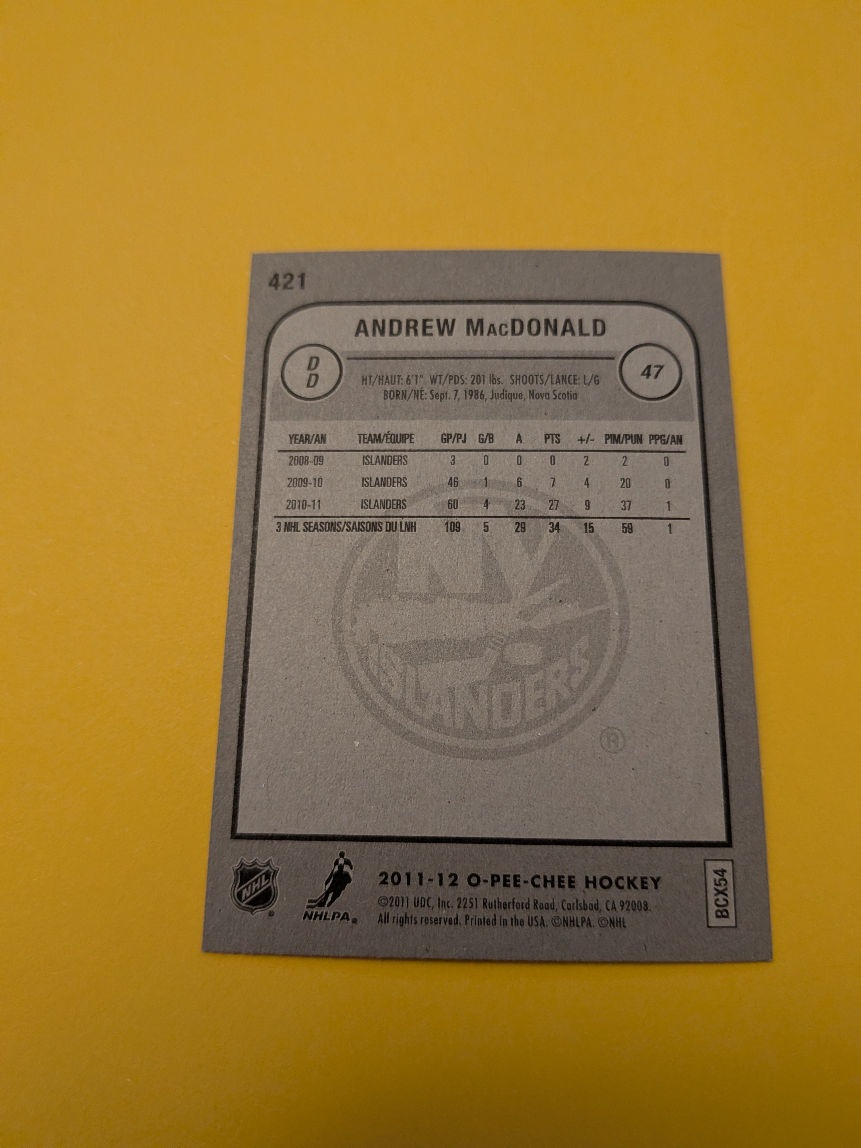 Andrew MacDonald Signed New York Islanders Card D