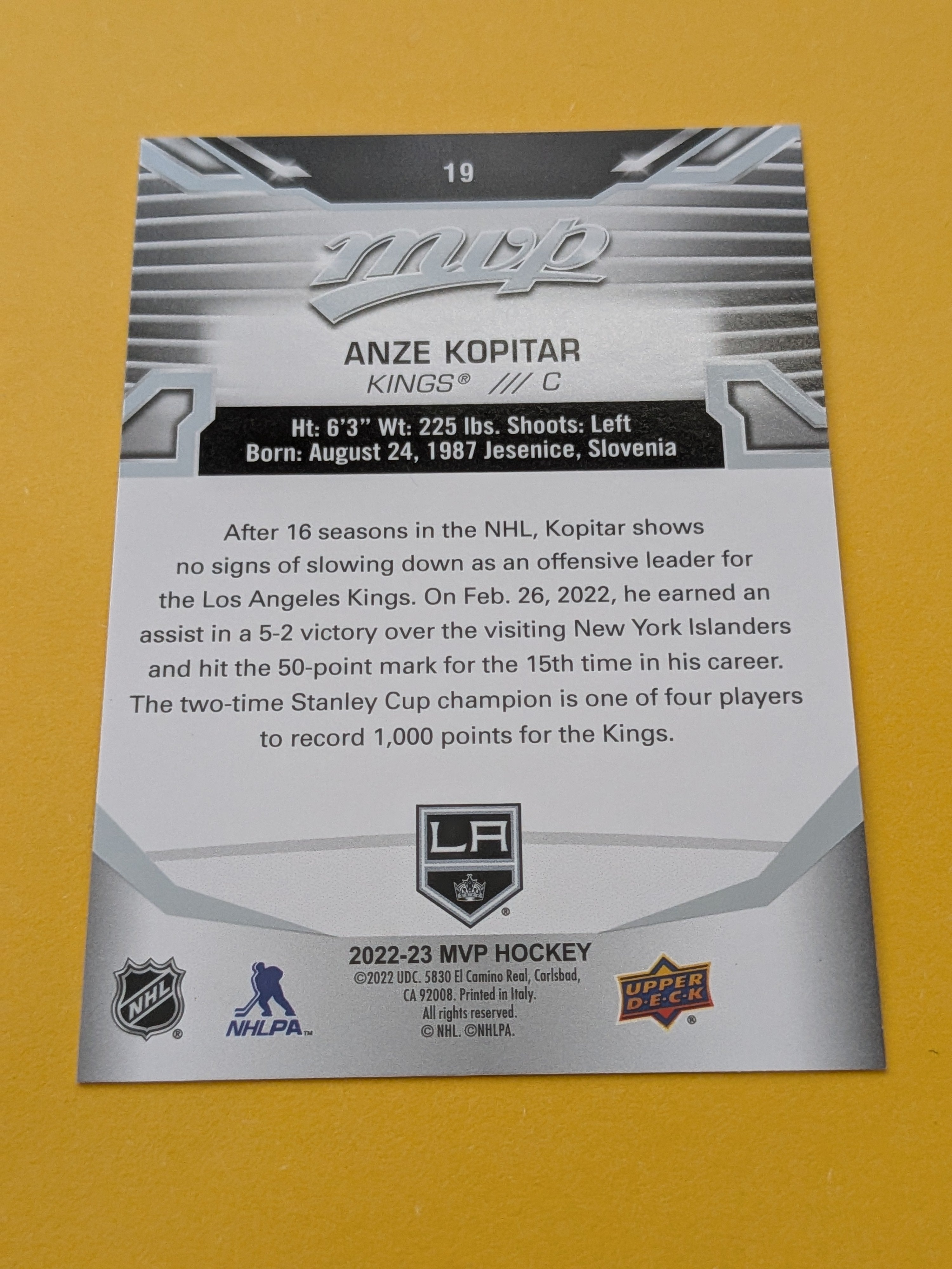 Anze Kopitar 22-23 UD MVP Silver Script Card