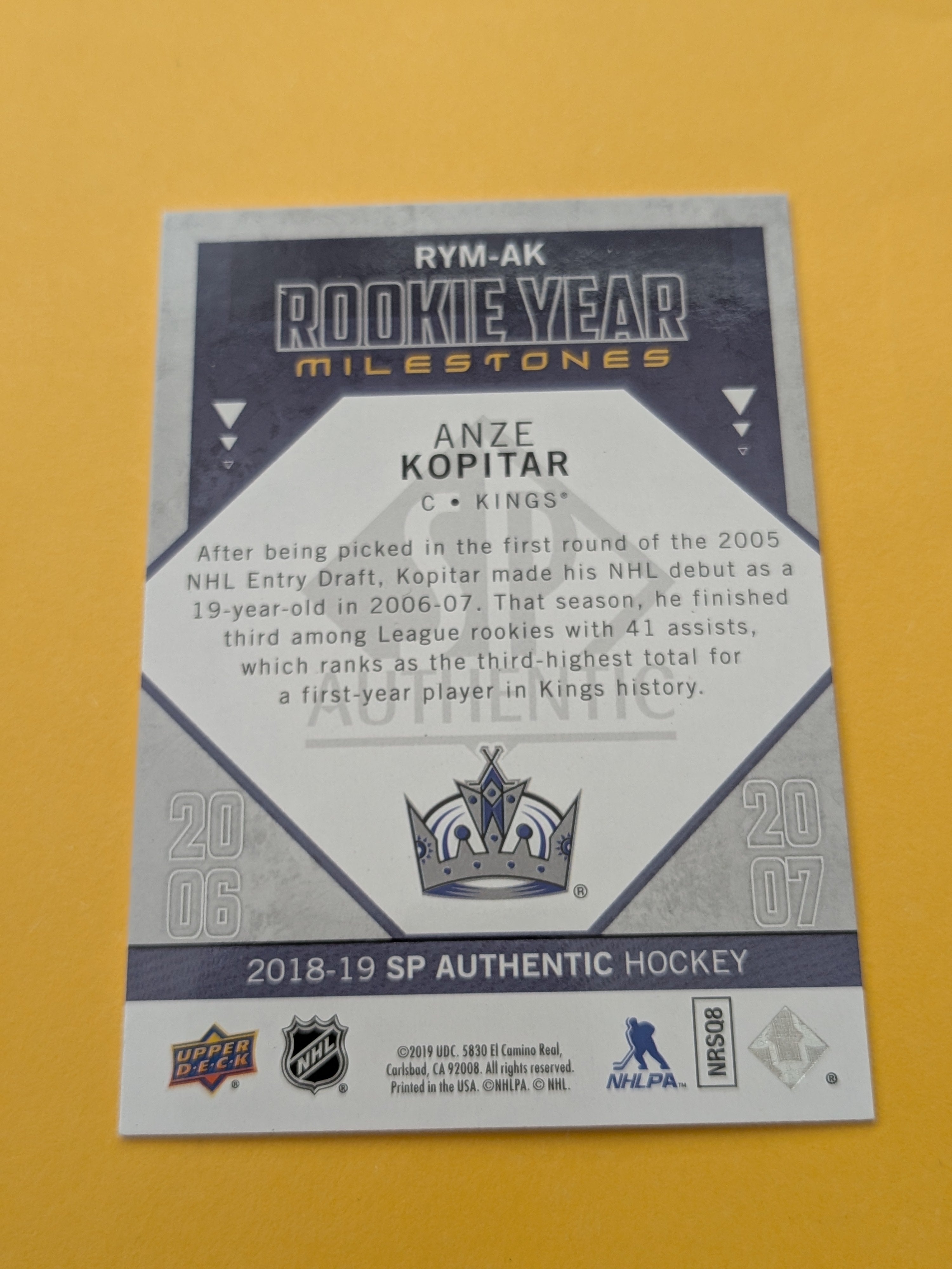 Anze Kopitar 18-19 SP Authentic Rookie Year Milestones Card