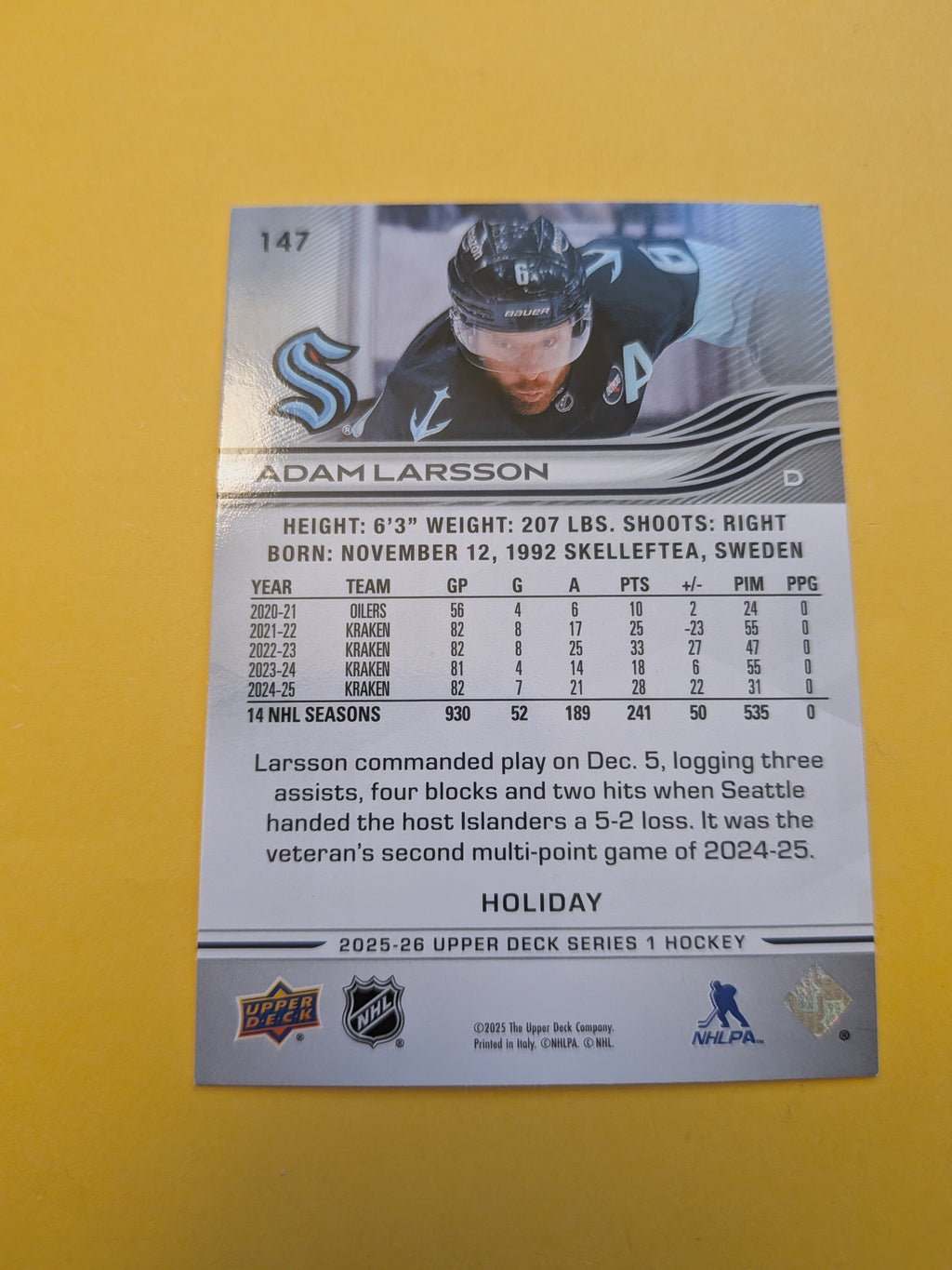 Adam Larsson 25-26 Upper Deck Green Holiday Card