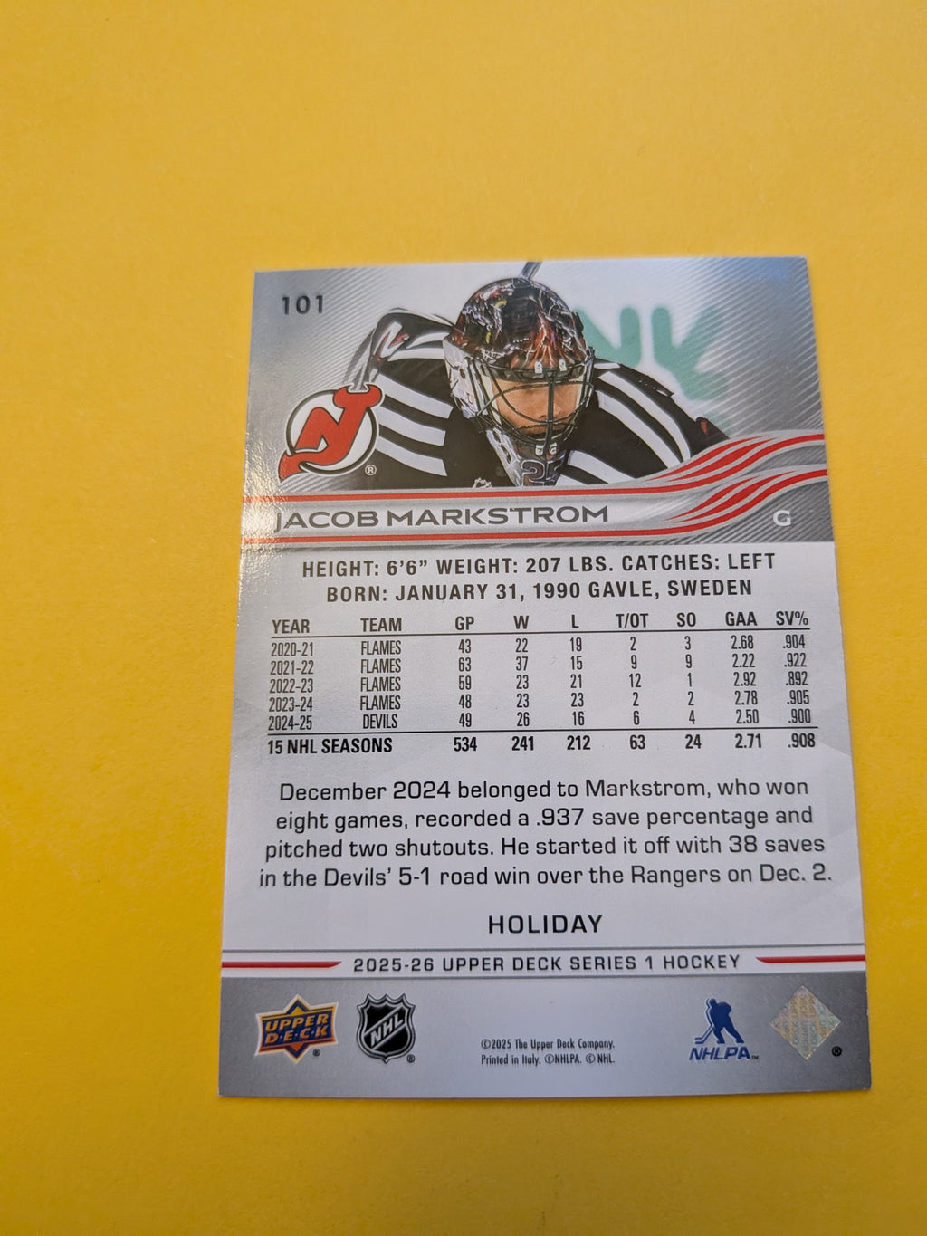 Jacob Markstrom 25-26 Upper Deck Green Holiday Card