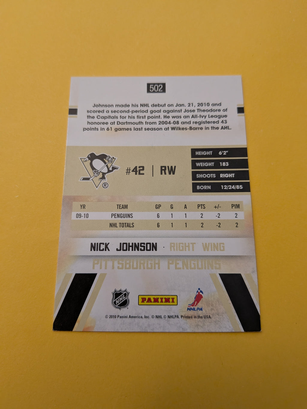 Nick Johnson Signed Pittsburgh Penguins Rookie Card B