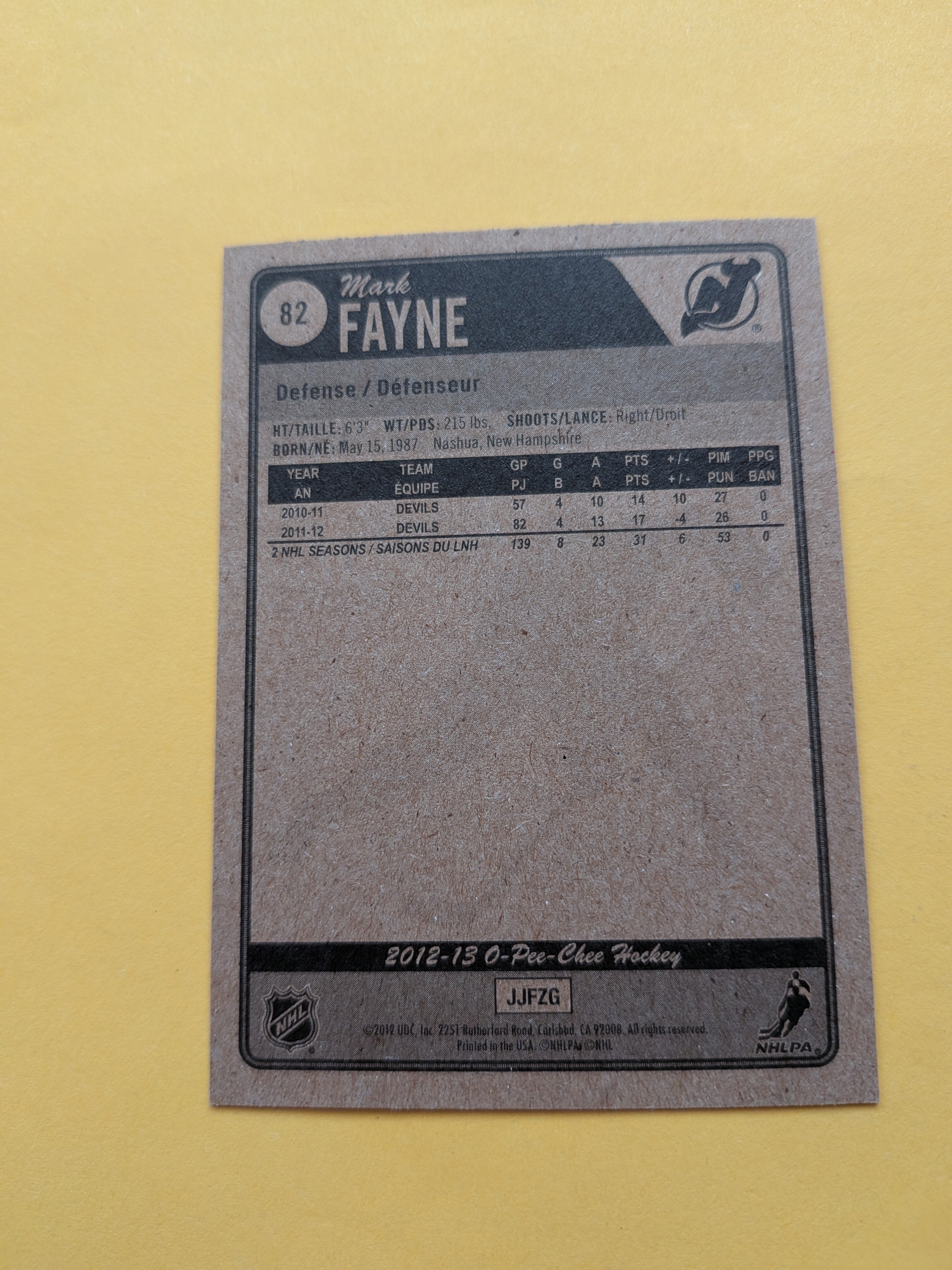 Mark Fayne Signed New Jersey Devils Card B