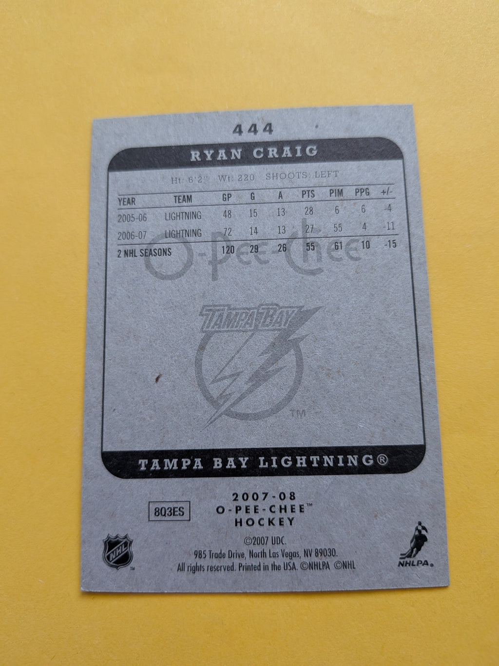 Ryan Craig Signed Tampa Bay Lightning Card A