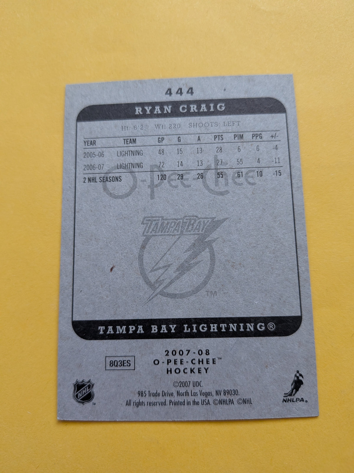 Ryan Craig Signed Tampa Bay Lightning Card A