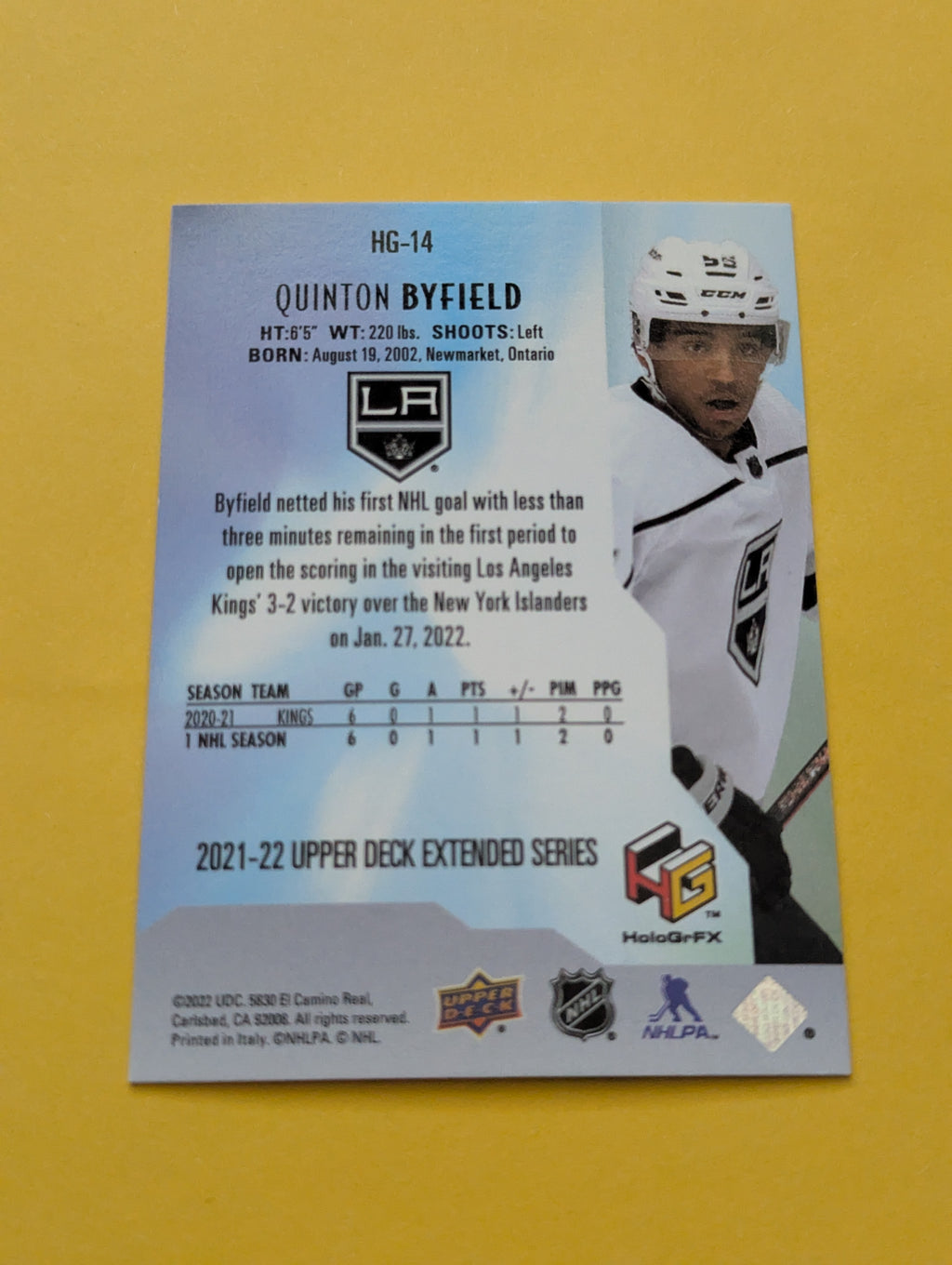 Quinton Byfield 21-22 Upper Deck HoloGrFx Card