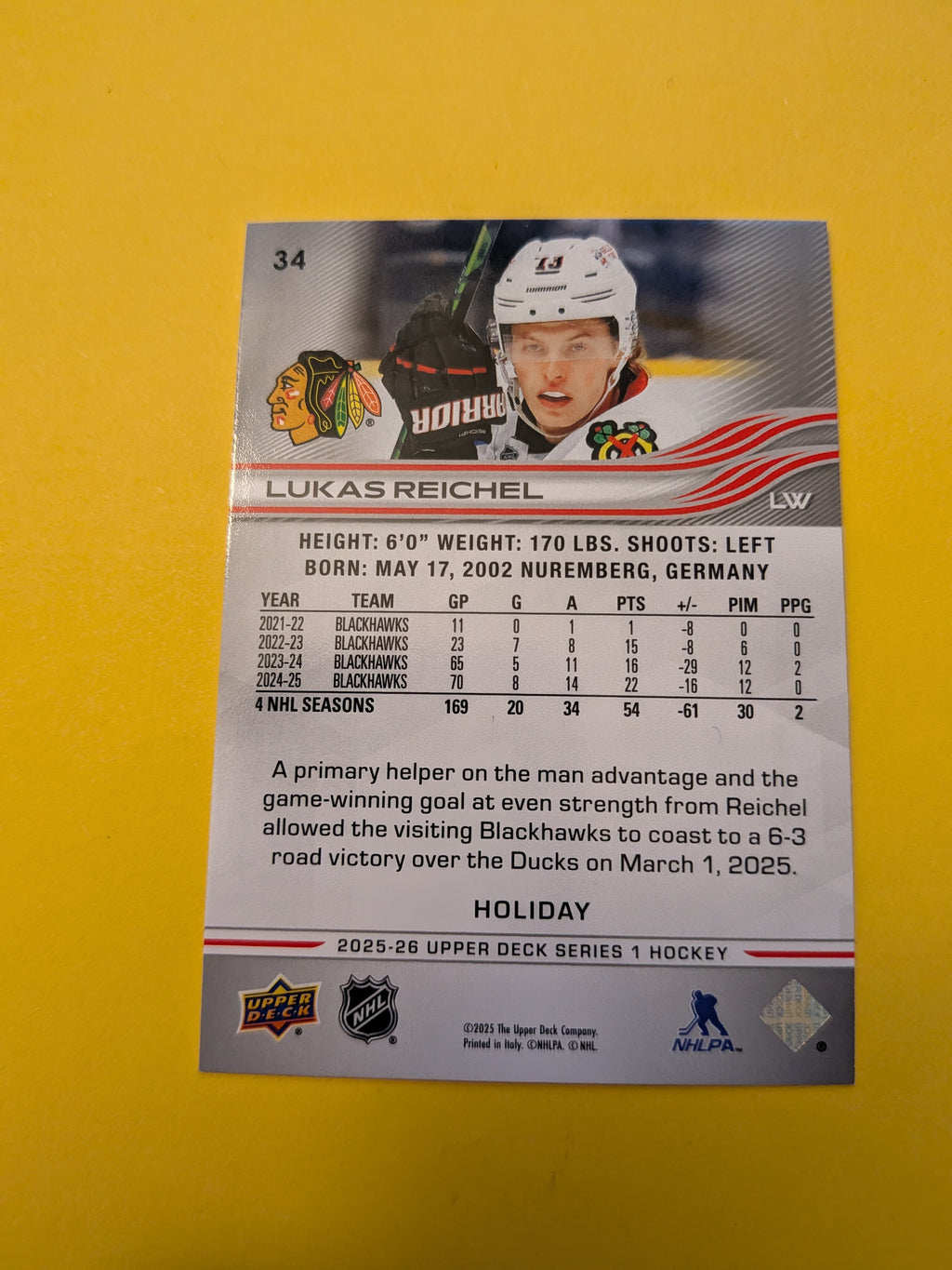 Lukas Reichel 25-26 Upper Deck Green Holiday Card
