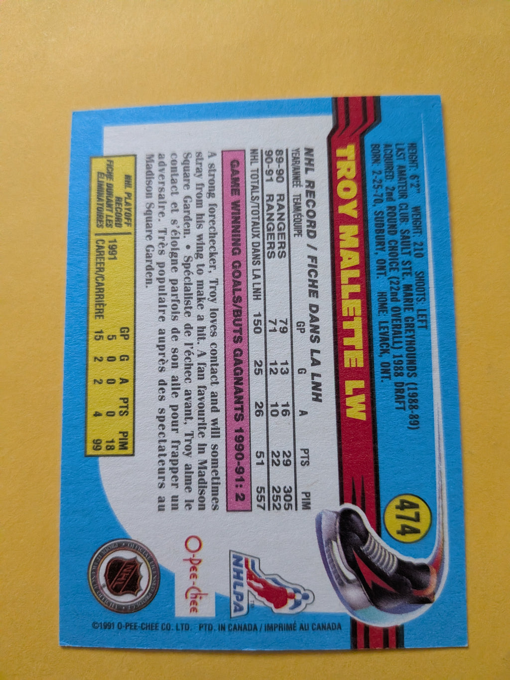 Troy Mallette Signed New York Rangers Card G