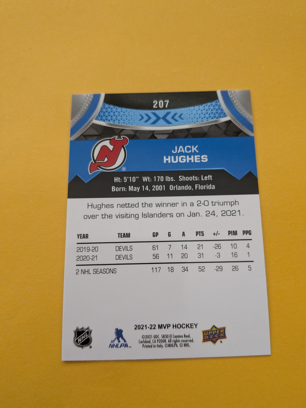 Jack Hughes 21-22 UD MVP Blue Factory Set Parallel Card