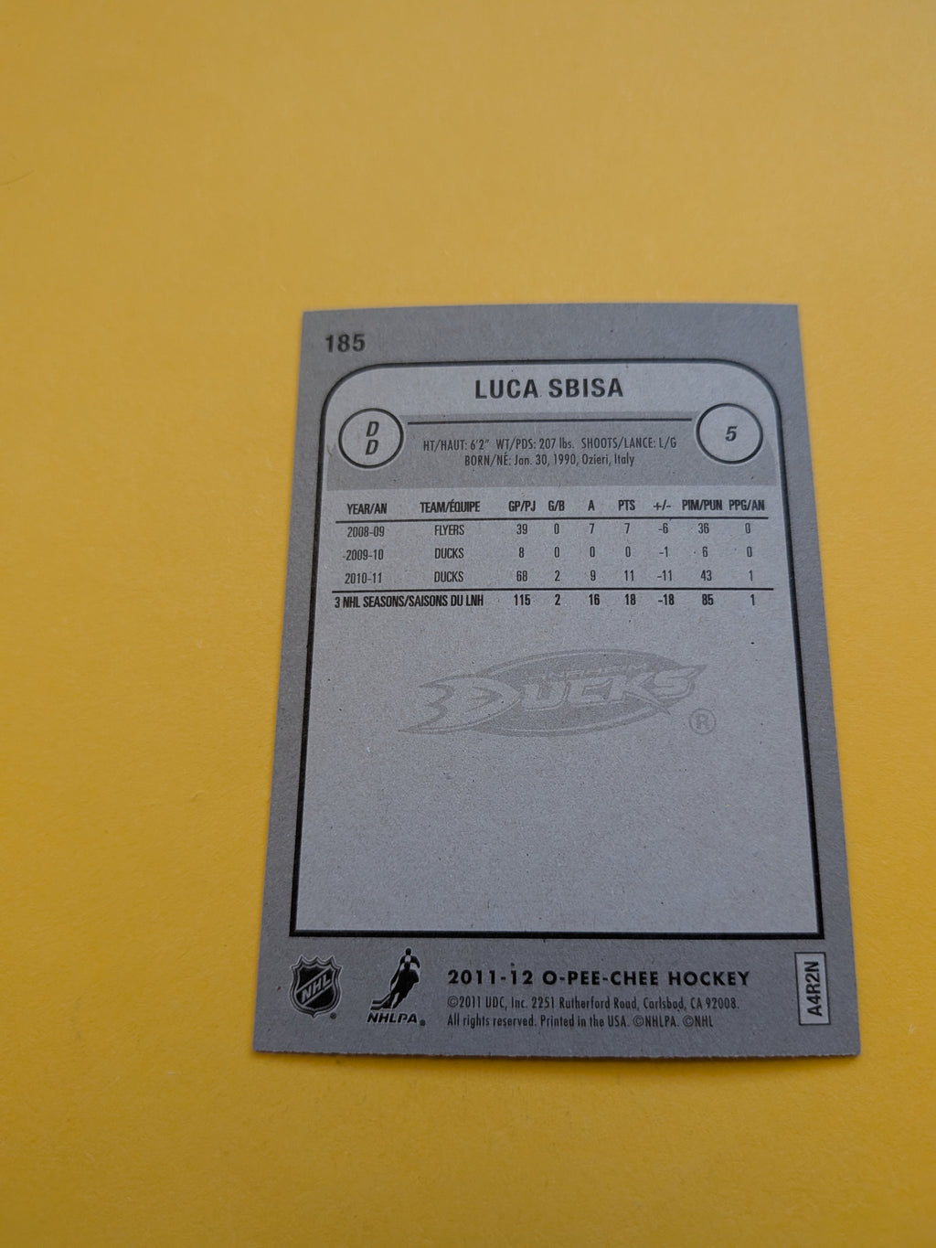 Luca Sbisa Signed Anaheim Ducks Card G