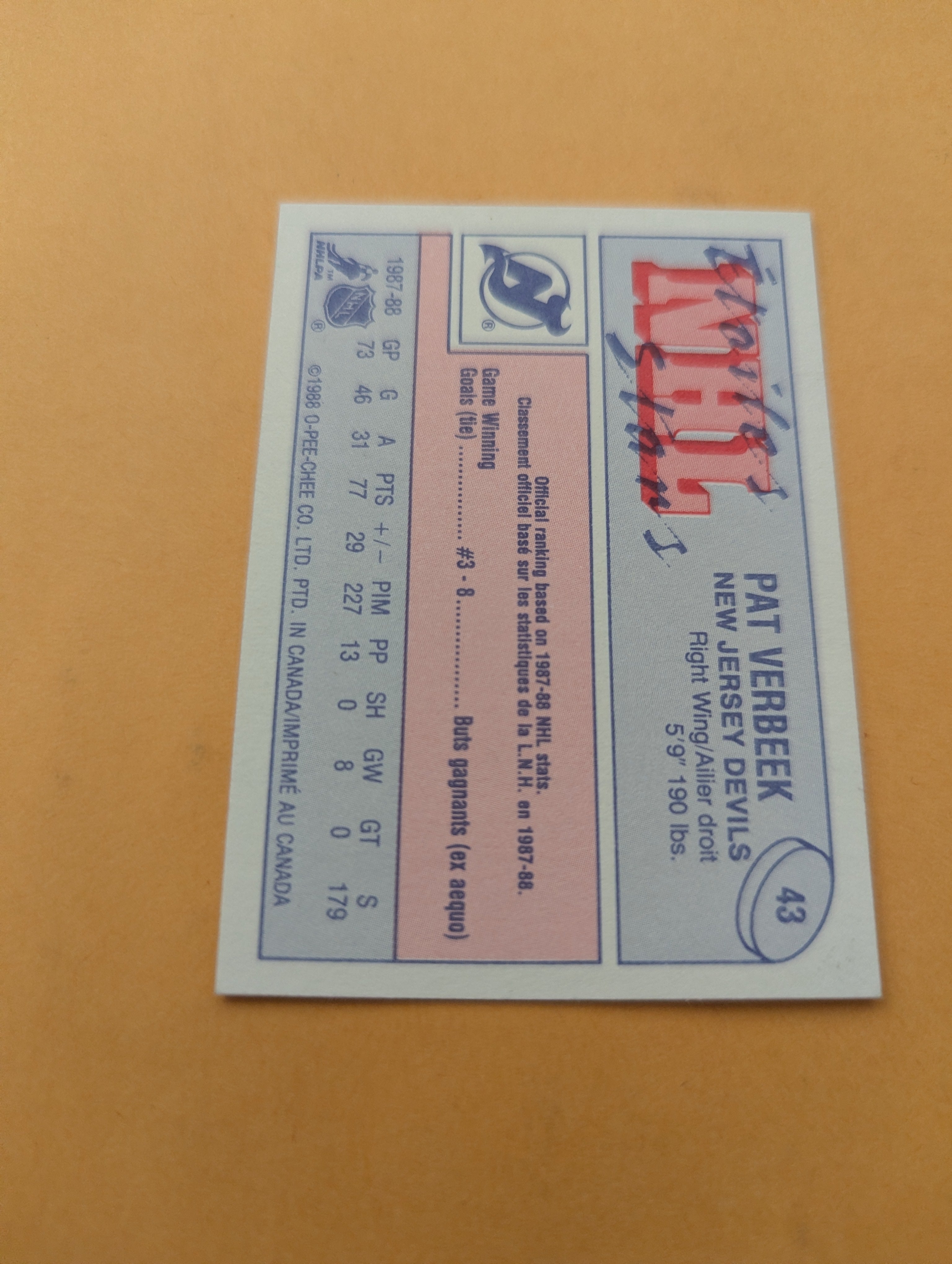 Pat Verbeek 88-89 OPC Mini Card