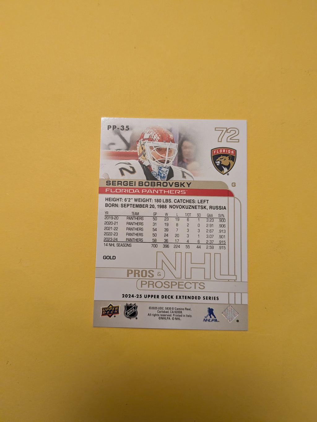 Sergei Bobrovsky 24-25 Upper Deck Pros & Prospects Gold Card