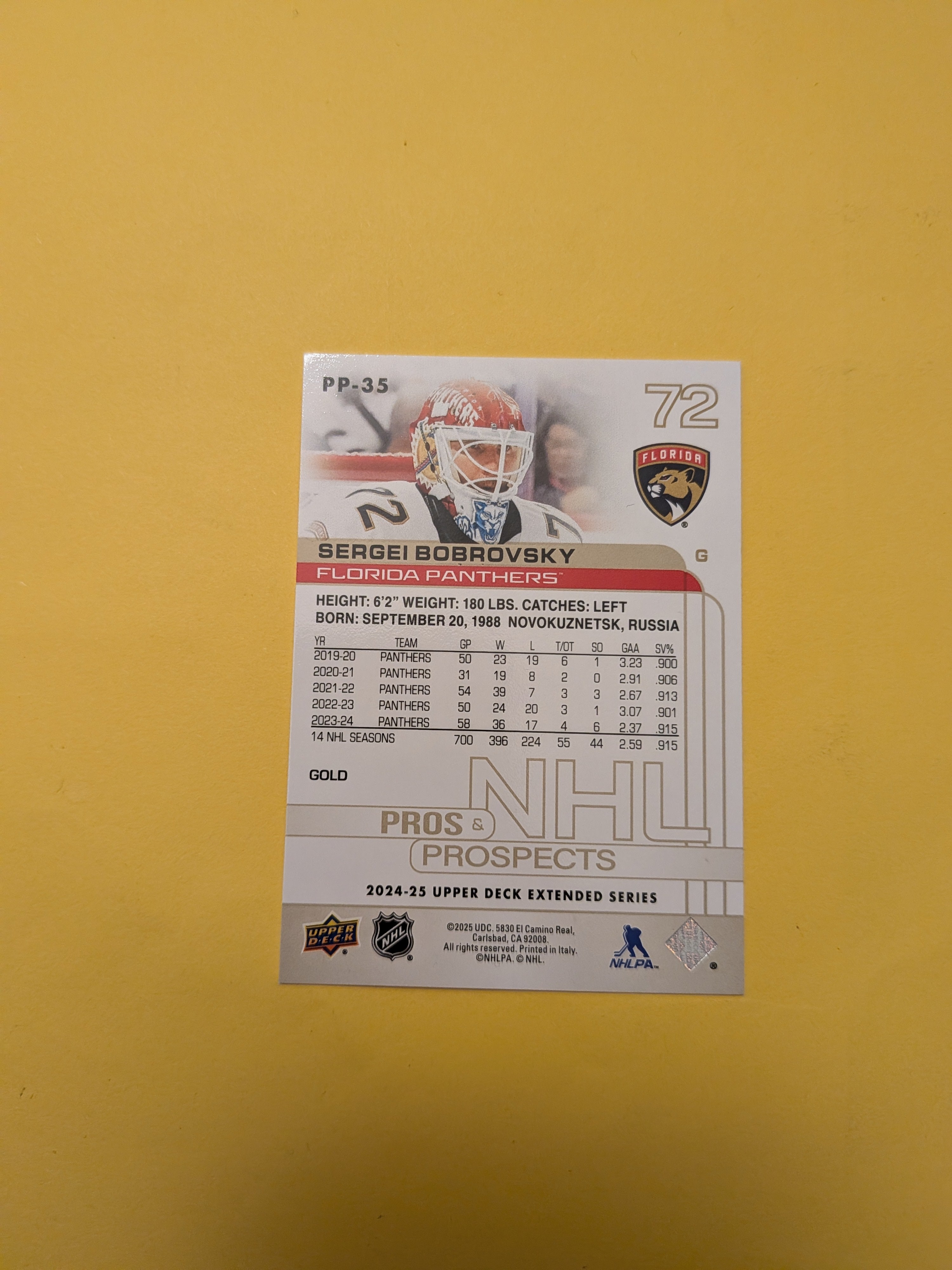 Sergei Bobrovsky 24-25 Upper Deck Pros & Prospects Gold Card