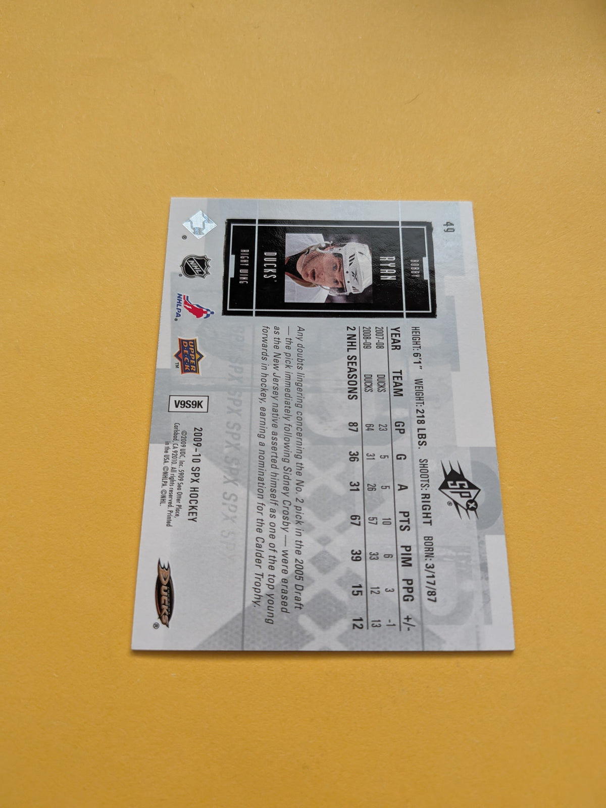 Bobby Ryan Signed Anaheim Ducks Card B