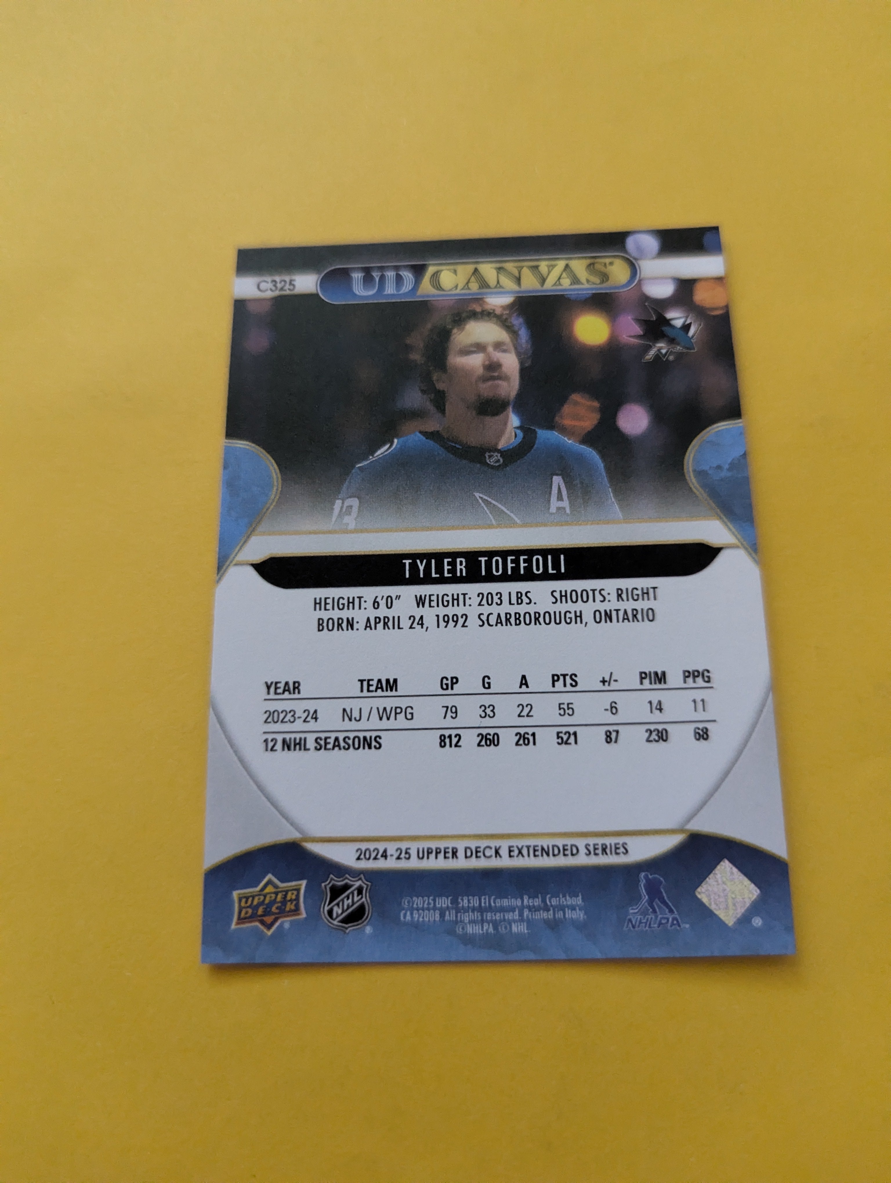 Tyler Toffoli 24-25 Upper Deck UD Canvas Card