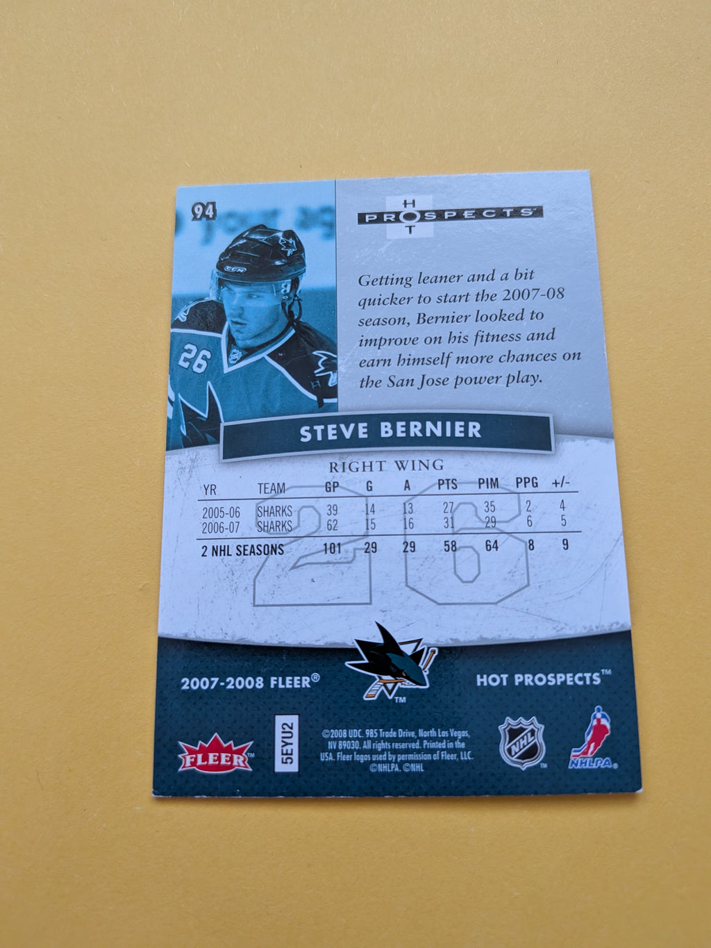 Steve Bernier Signed San Jose Sharks Card B