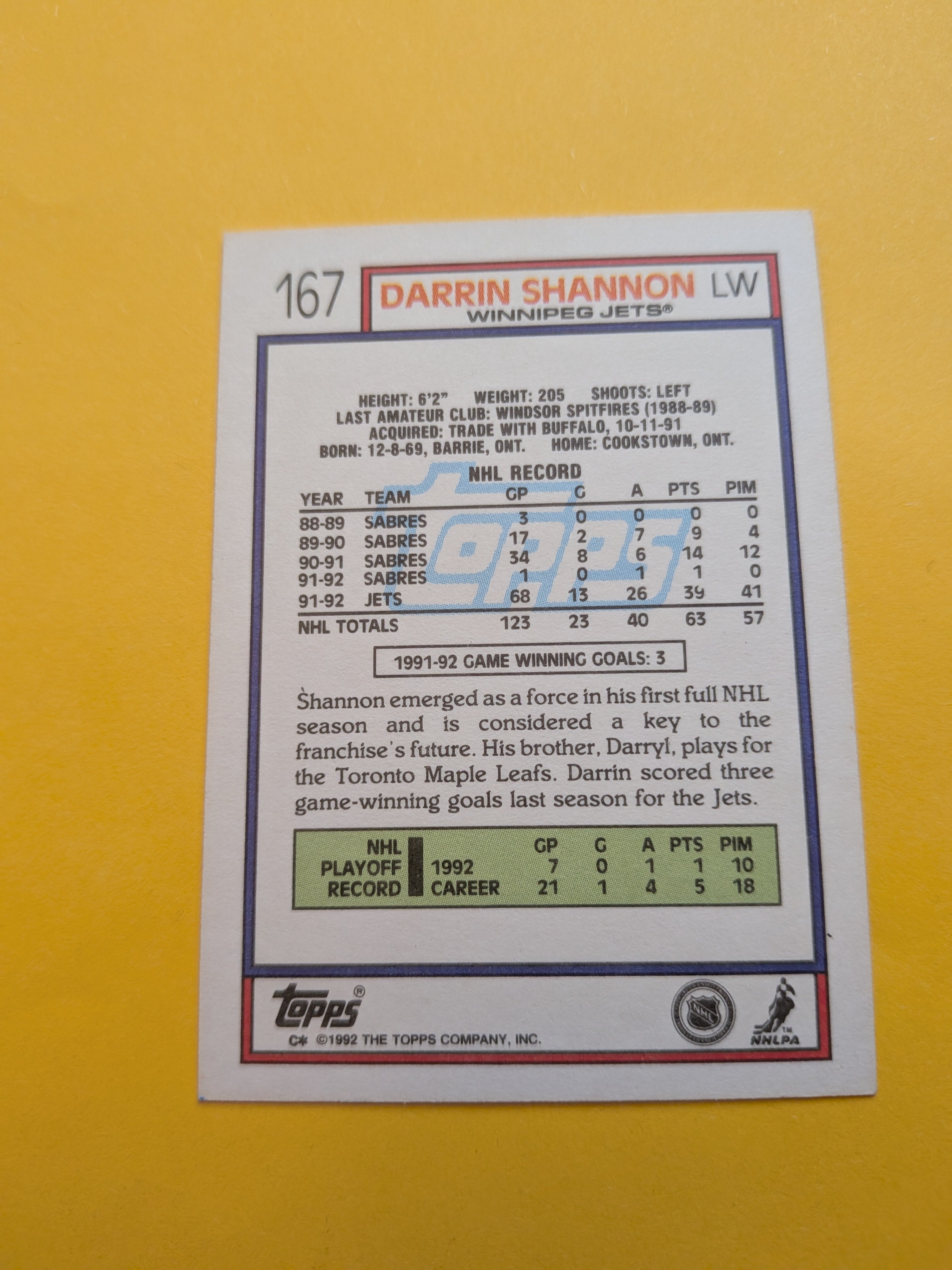 Darrin Shannon Signed Winnipeg Jets Card G