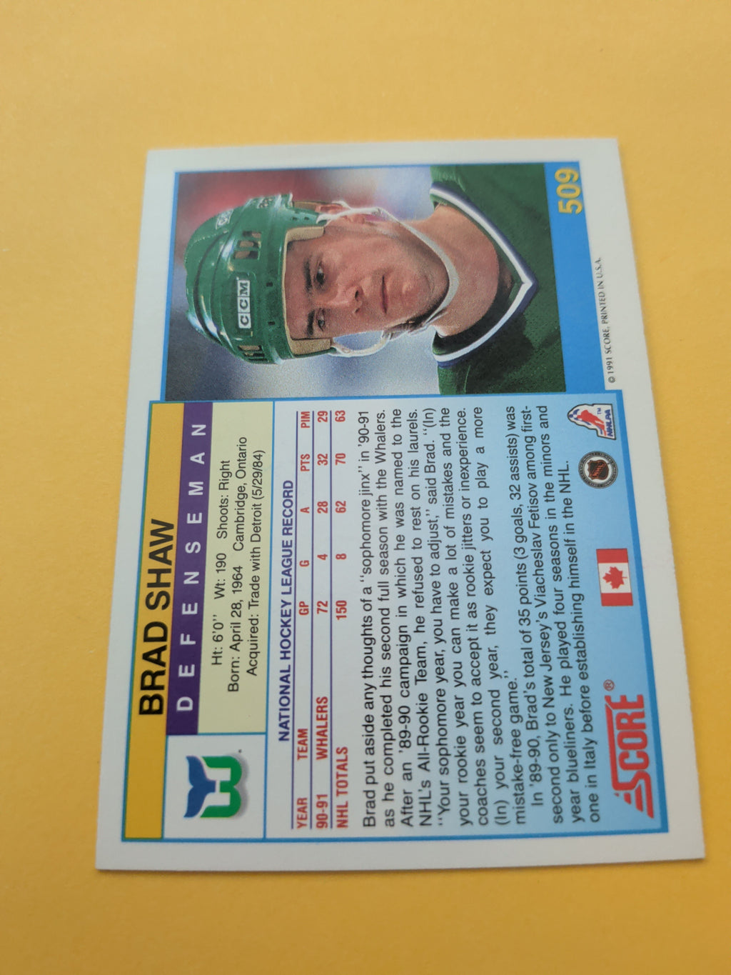 Brad Shaw Signed Hartford Whalers Card D