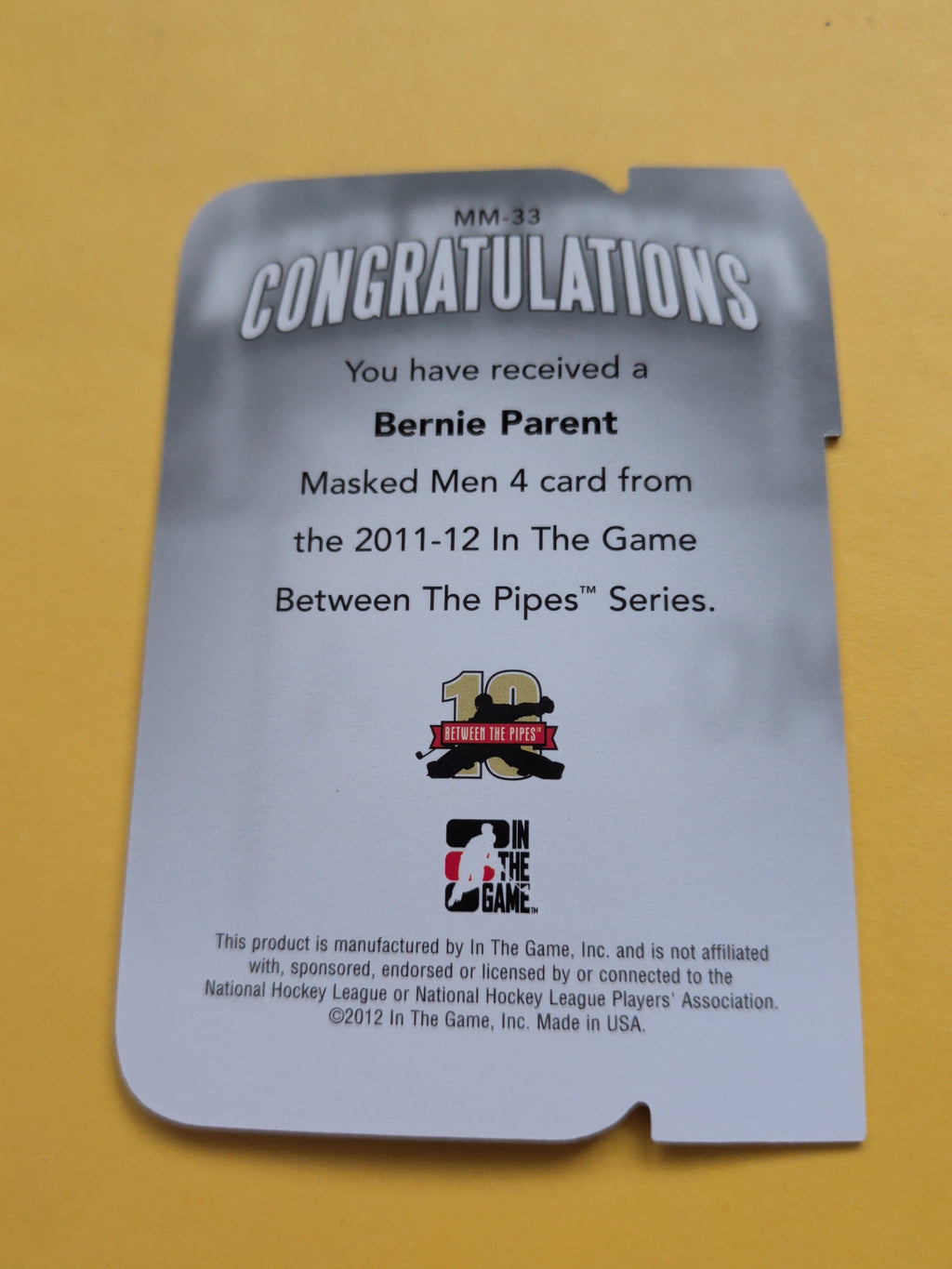 Bernie Parent 11-12 ITG Between The Pipes Masked Men Card