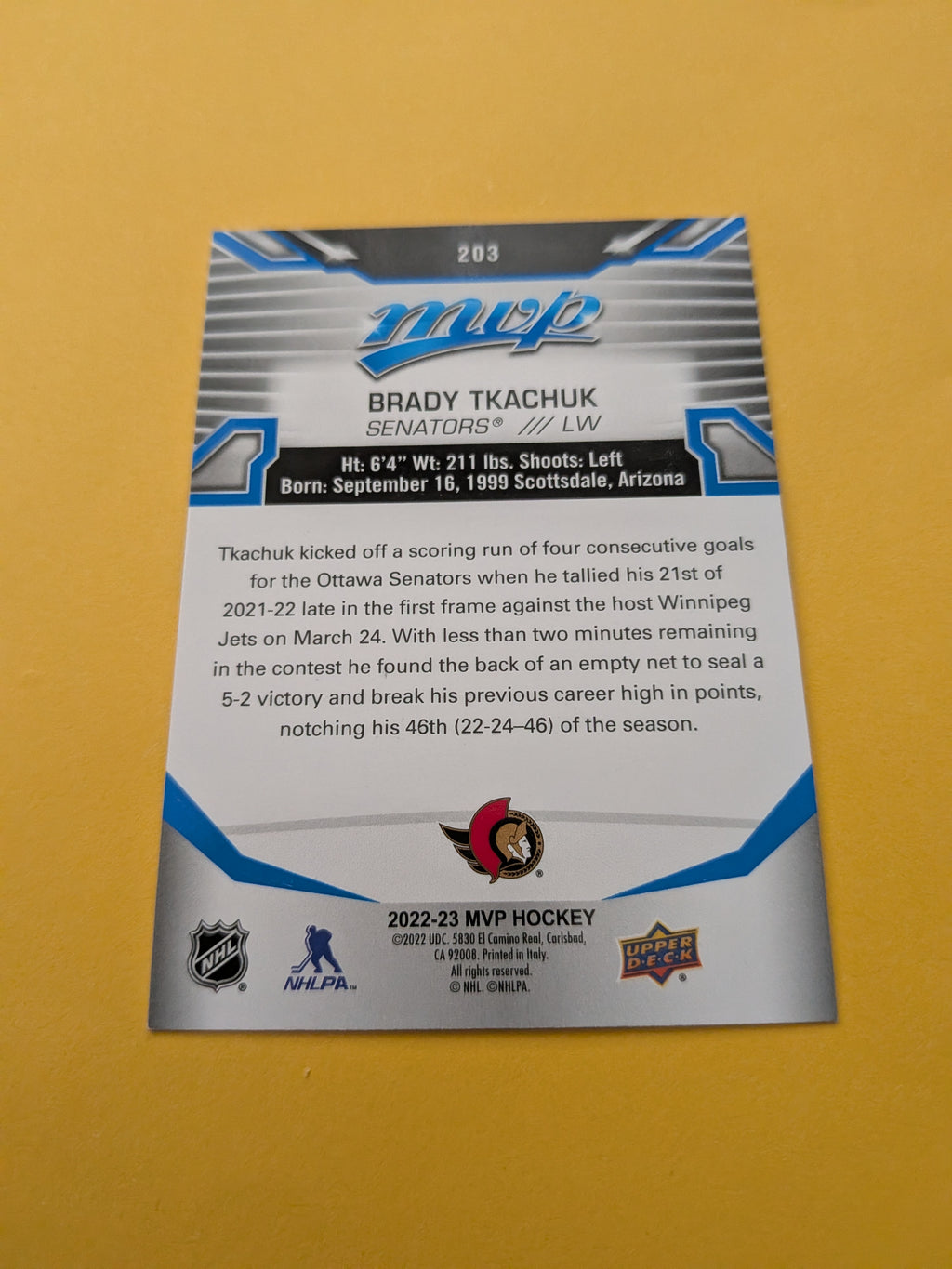 Brady Tkachuk 22-23 UD MVP Blue Script Factory Set Parallel Card