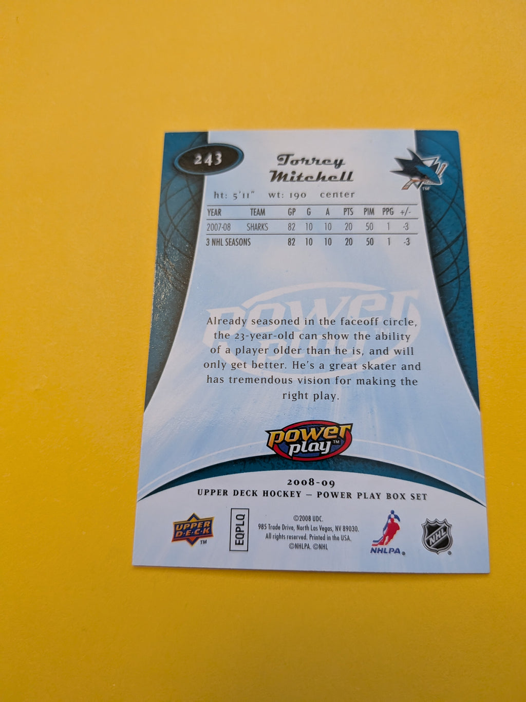 Torrey Mitchell Signed San Jose Sharks Card E