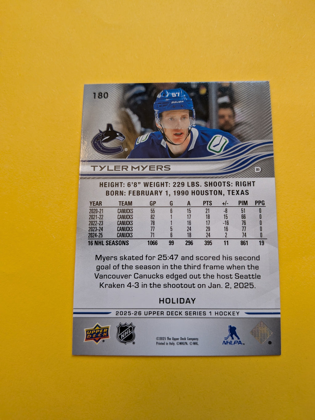 Tyler Myers 25-26 Upper Deck Green Holiday Card